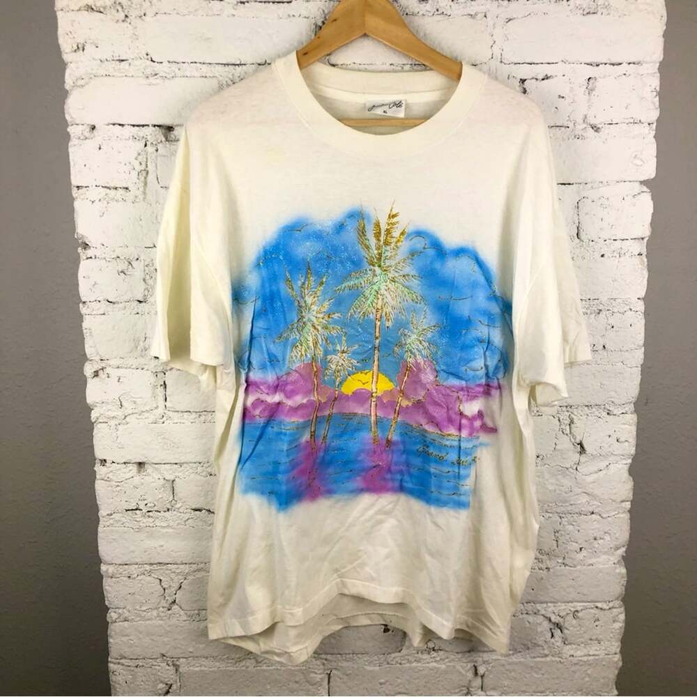 Vintage Grand Isle Louisiana Air Brush Glitter Palm Sunrise Tee